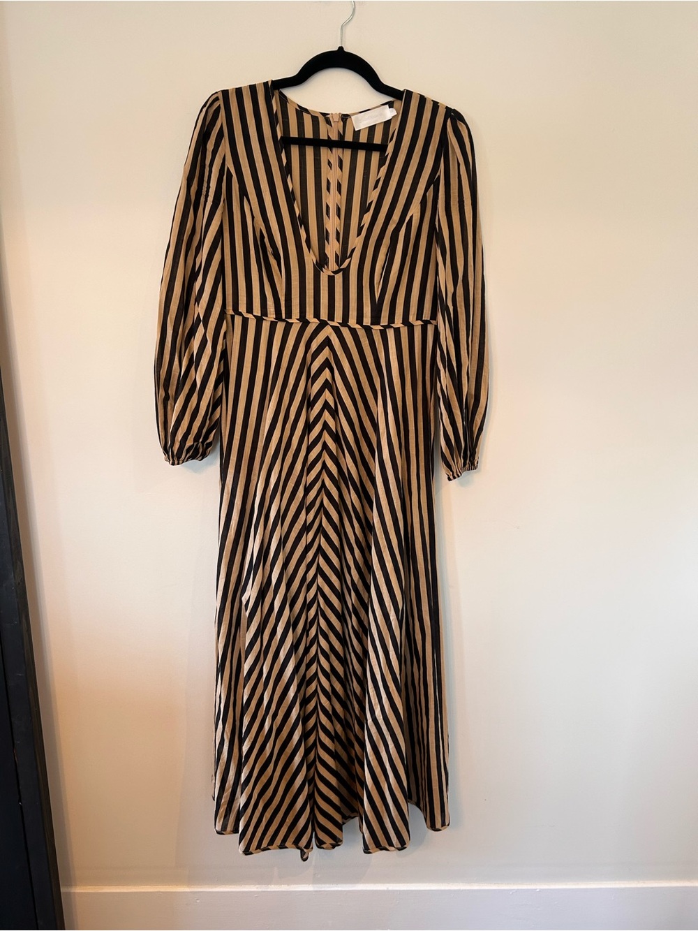 Zimmermann Black & Tan Striped V-Neck Long Sleeve Midi Dress